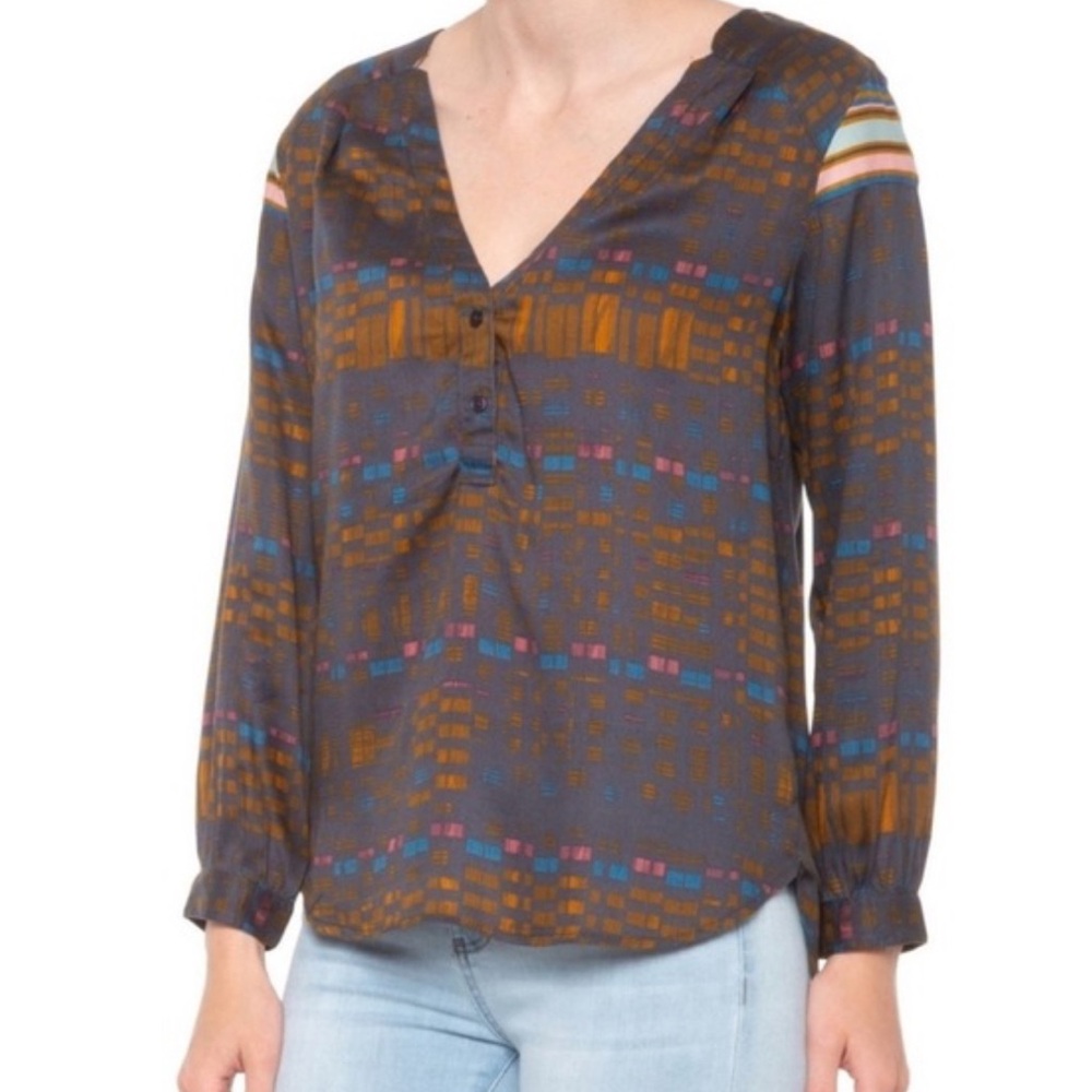 PrAna Elsie Woven VNeck Long Sleeve Print Blouse | Size S | Grey/Multi